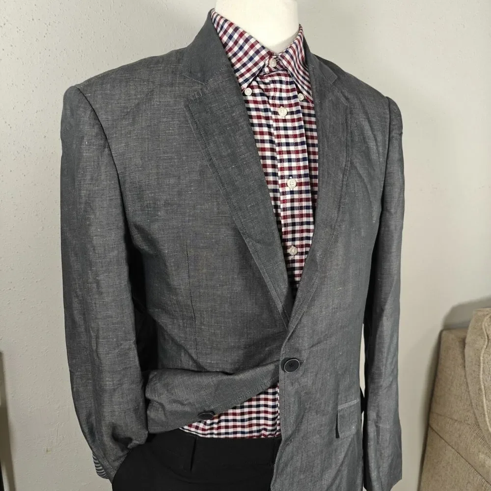 Pronto‎ Uomo Blue Men's Sport Coat Blazer Two Button Gray Linen Cotton Size XL